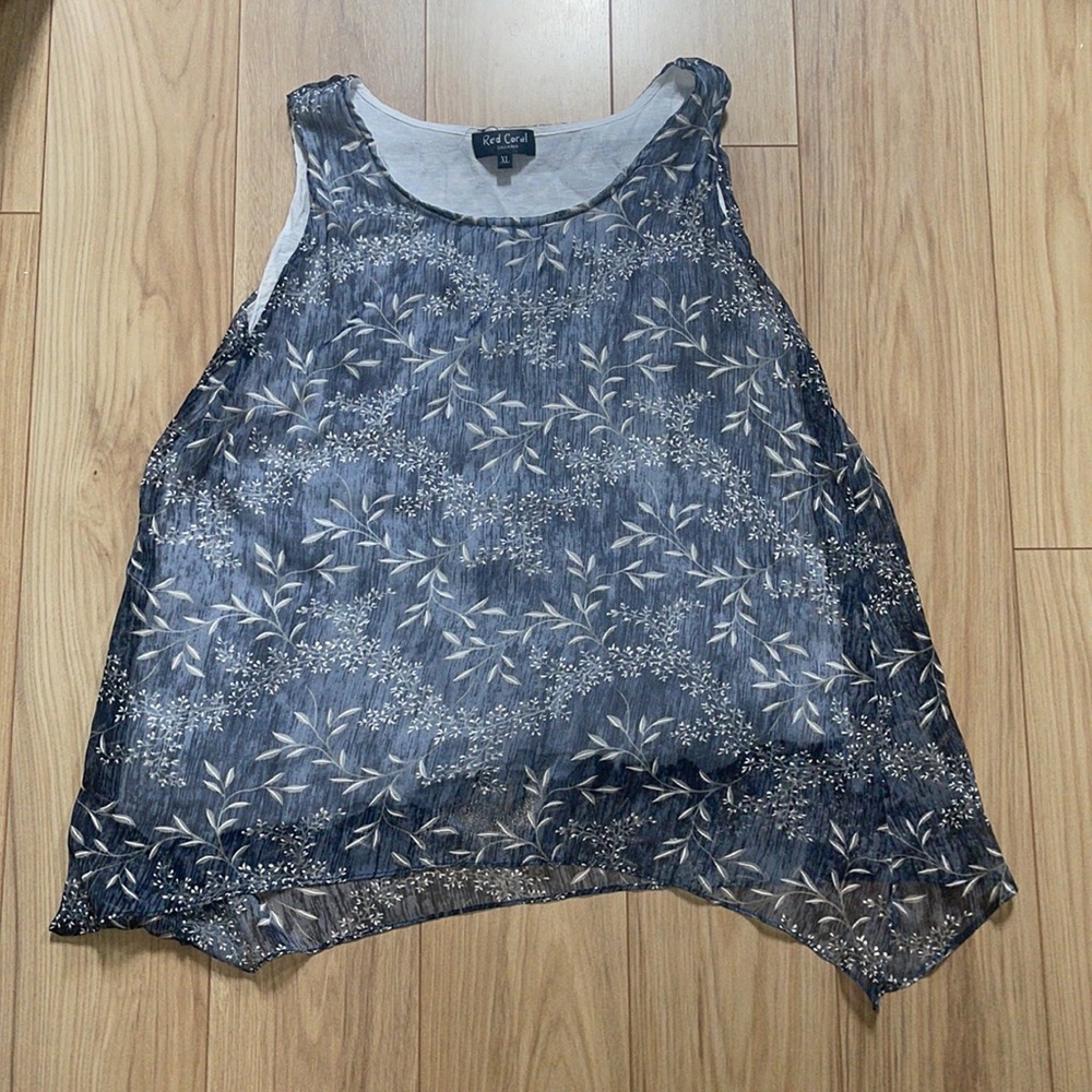 Red Coral Blue Gray Patterned Tank Blouse TBD Q